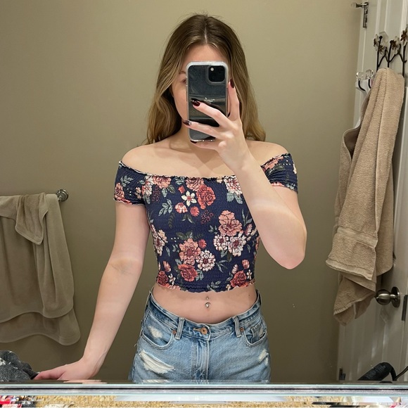 Garage Blue Floral Smocked Off-Shoulder Top - Picture 2 of 4